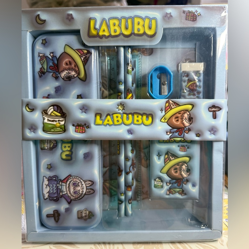 Labubu Blue Pencil Stationery Set, pencil case, 2 pencils, ruler, sharpener, era
